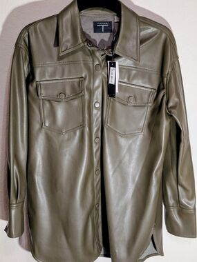 Tahari Olive Green Faux-Leather Shirt Jacket
